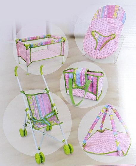 SET PARA MUÑECA BEBE (CUNA; COCHE; GIMNASIO; BOLSA; SILLA)